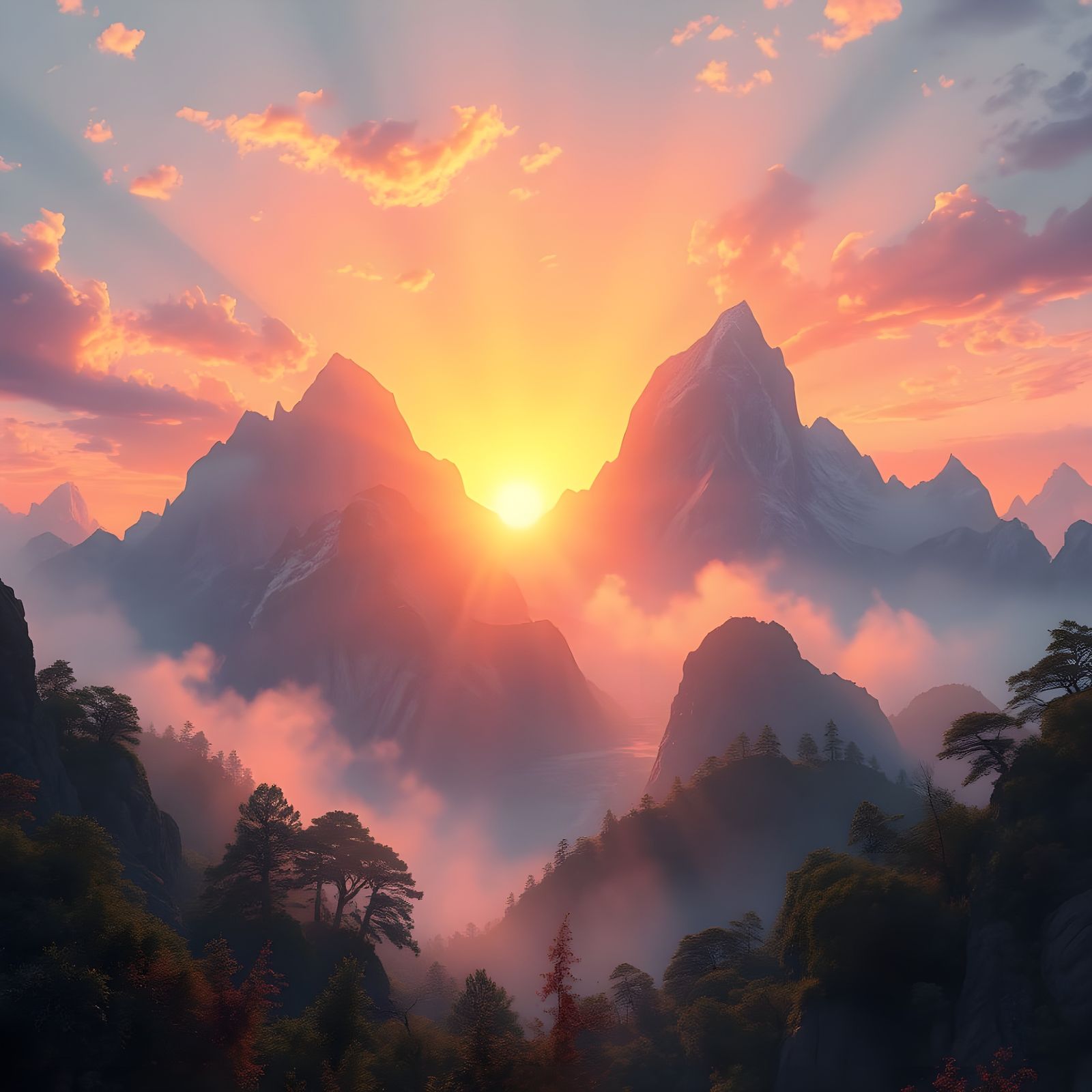 Majestic Mountain Range at Sunrise: Fantasy Concept Art