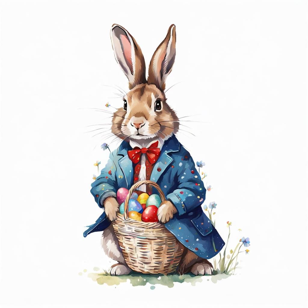 Cute Easter Rabbit with Basket of Colorful Eggs