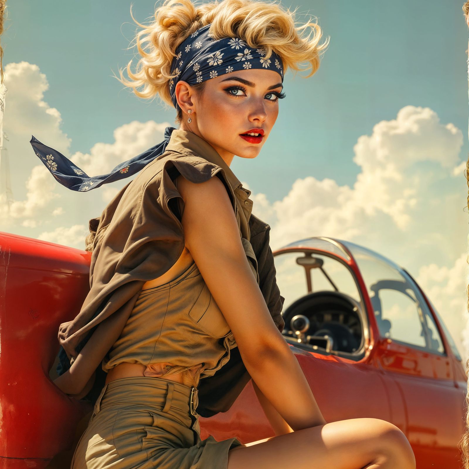 Confident 1940s Pin-Up Adventuress in Navy Bandana