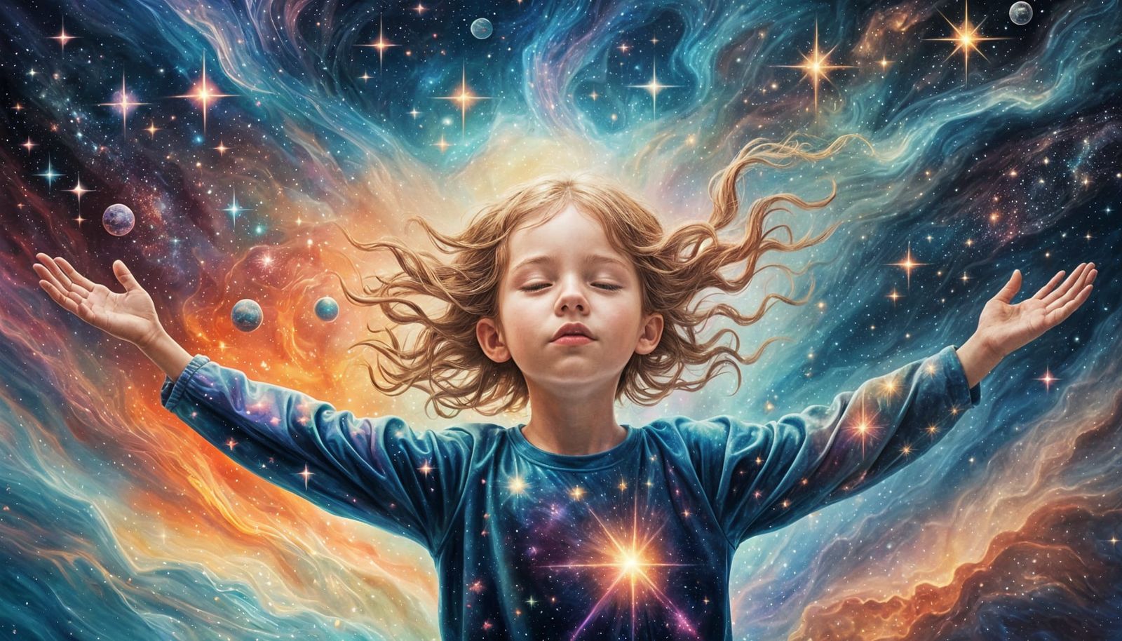 Dreaming Child Among Stars in Dreamlike Nebula