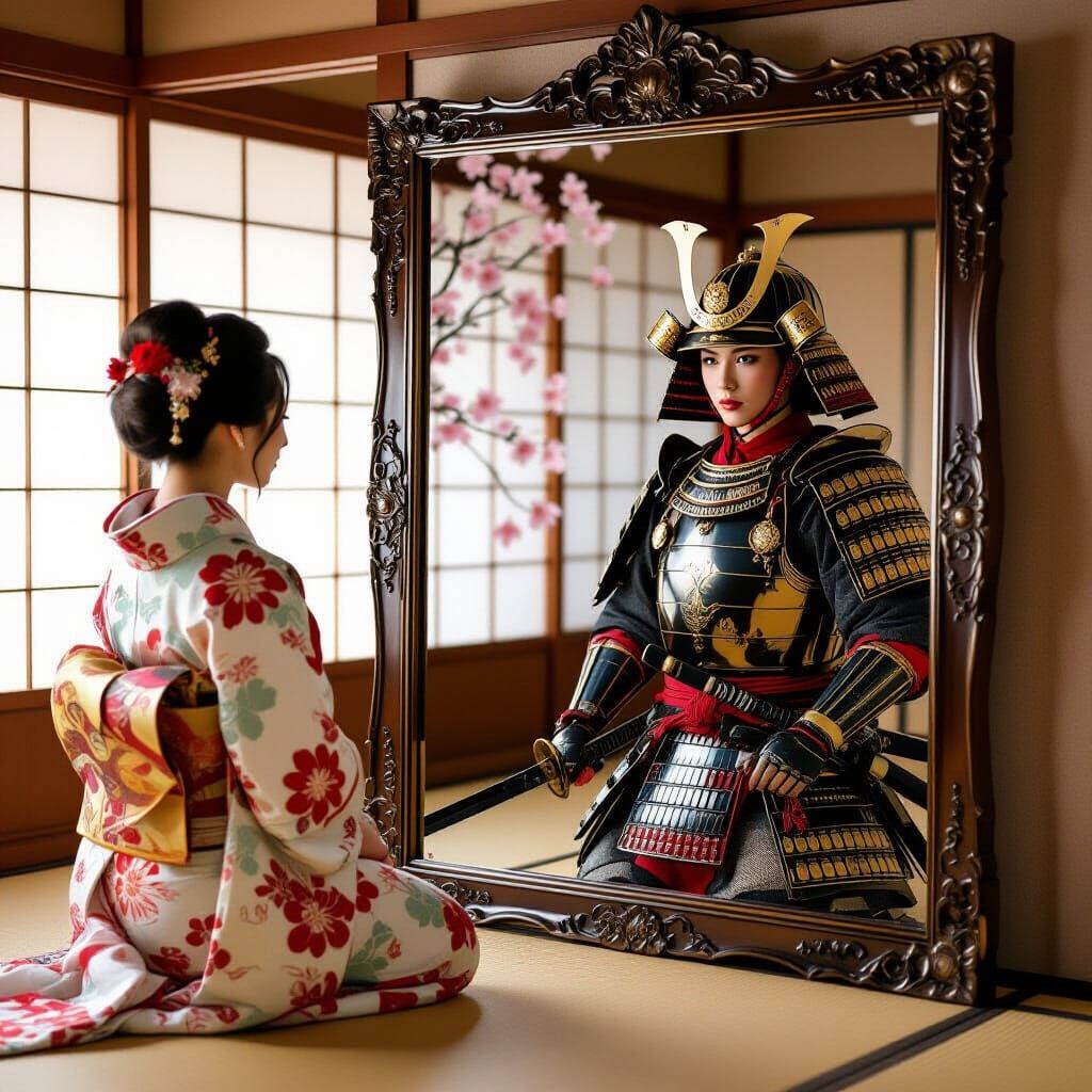 Woman's Reflection Reveals Inner Samurai Warrior