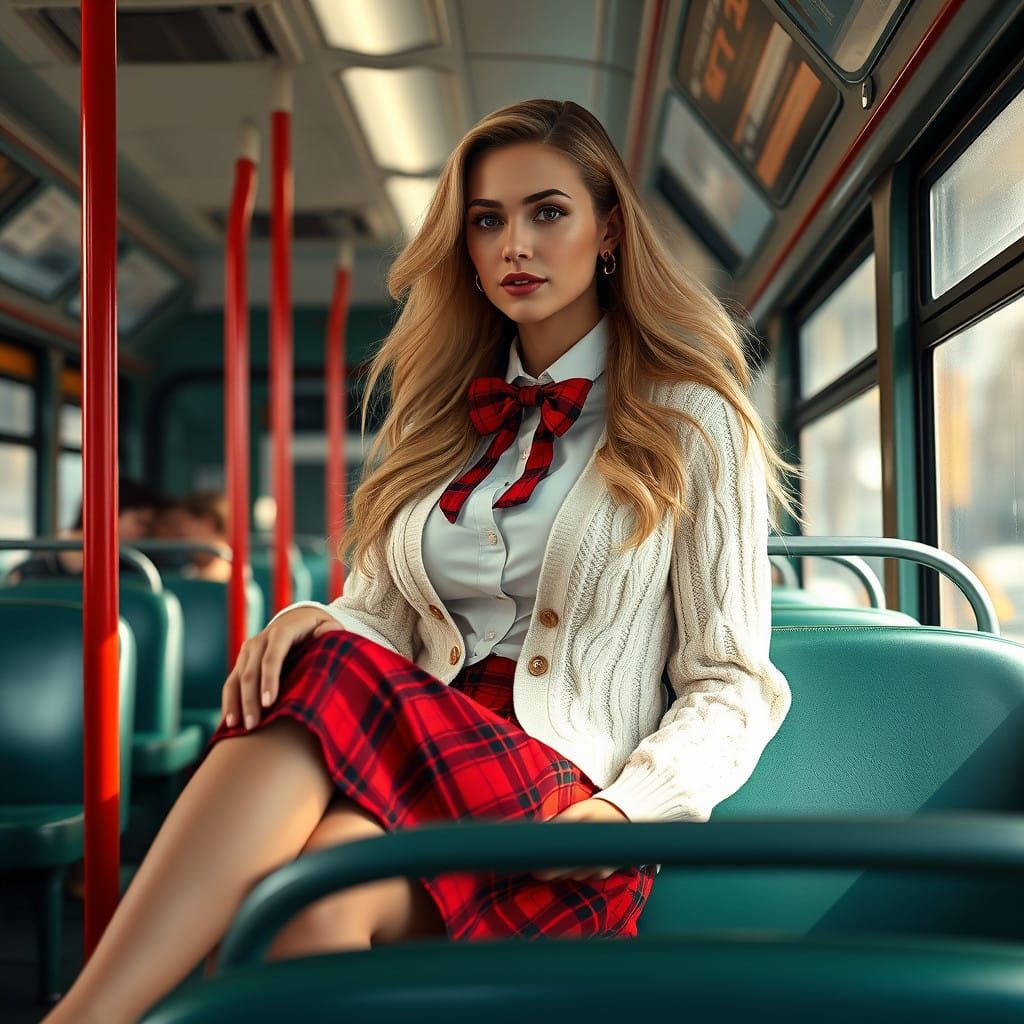 Elegant Blond in Chic Red Plaid Outfit