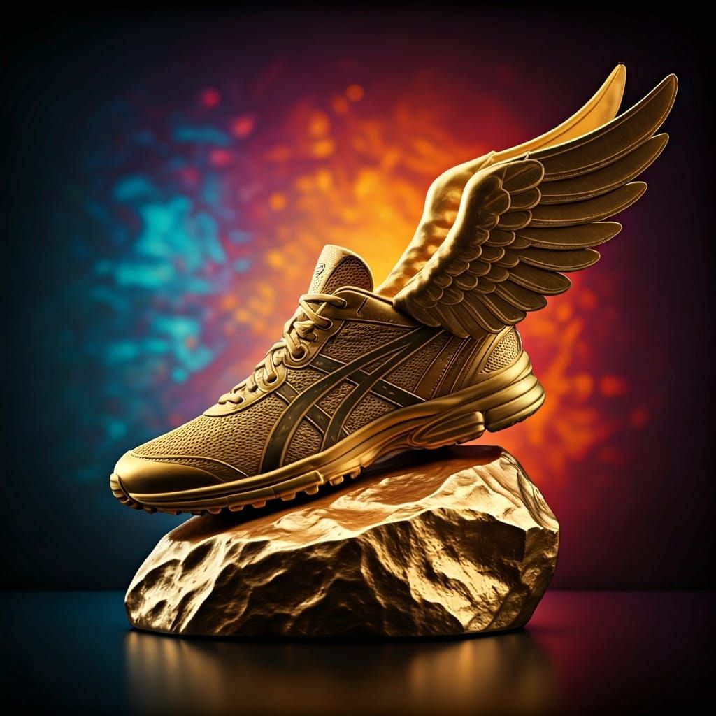 Golden Winged Shoe Trophy Sculpture, Hyperrealistic Art