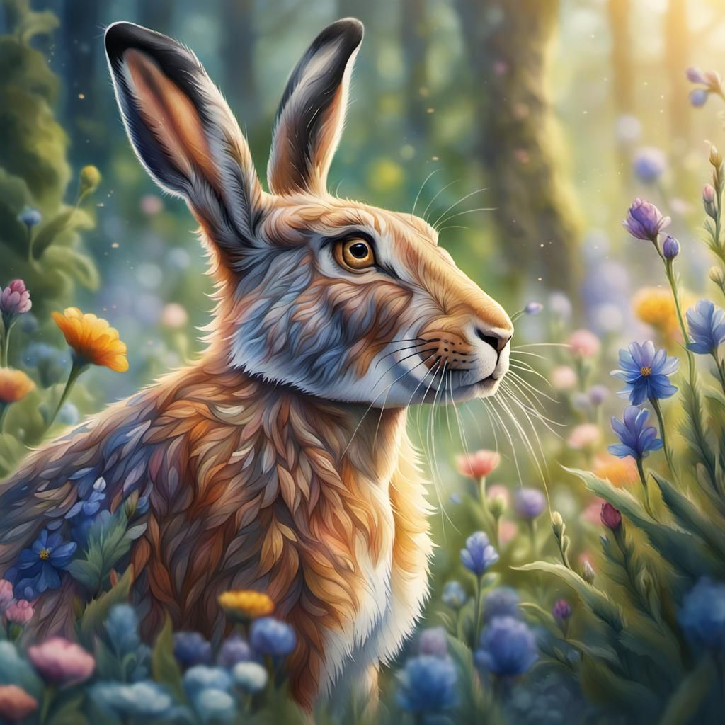 Watercolor Hare in Lush Fantasy Garden