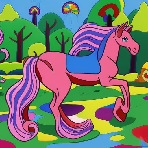 80s Cartoon Horse in Vibrant Forest Wonderland