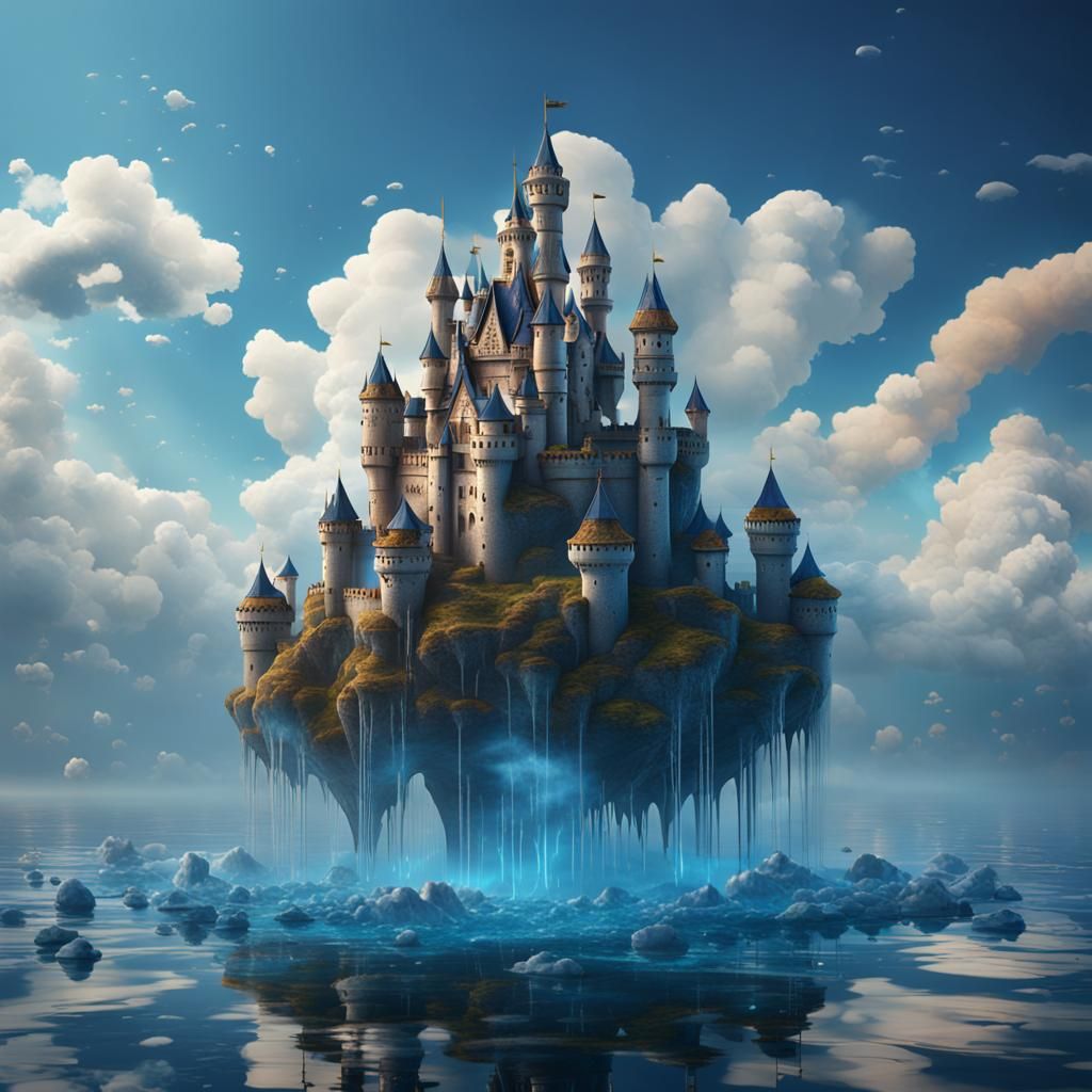 Floating Water Castle on Cloud, Fantasy Concept Art