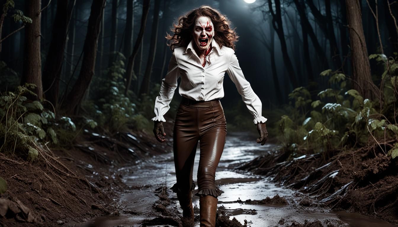 Woman Fleeing Zombie in Dark Forest, Hyperrealistic Art