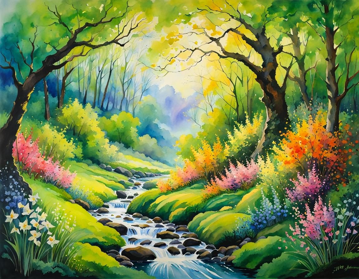 Spring Landscape in Splashy Watercolor Style