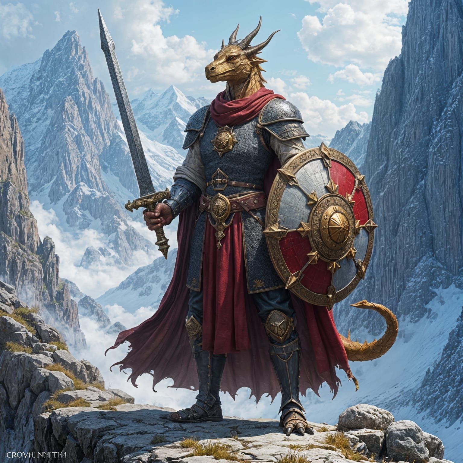 Dragonborn Cleric Defends Sacred Ground in Fantasy Landscape