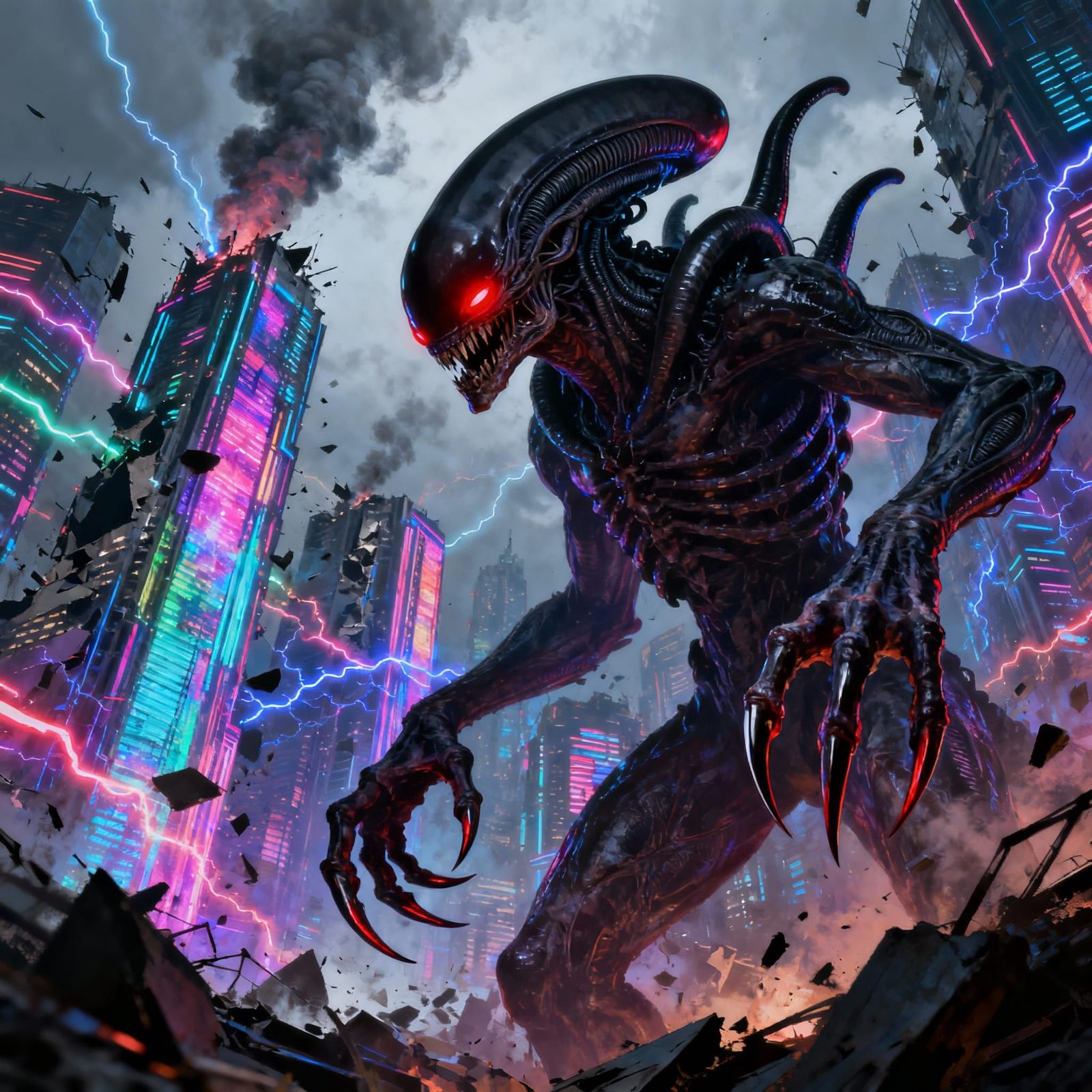Grotesque Alien Devastates Futuristic City in Hyperrealistic...
