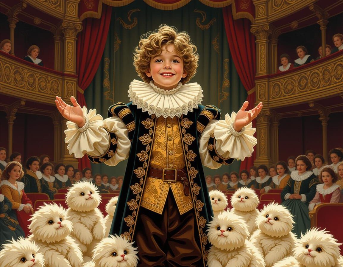 Boy with Tribbles in Shakespearean Theatre