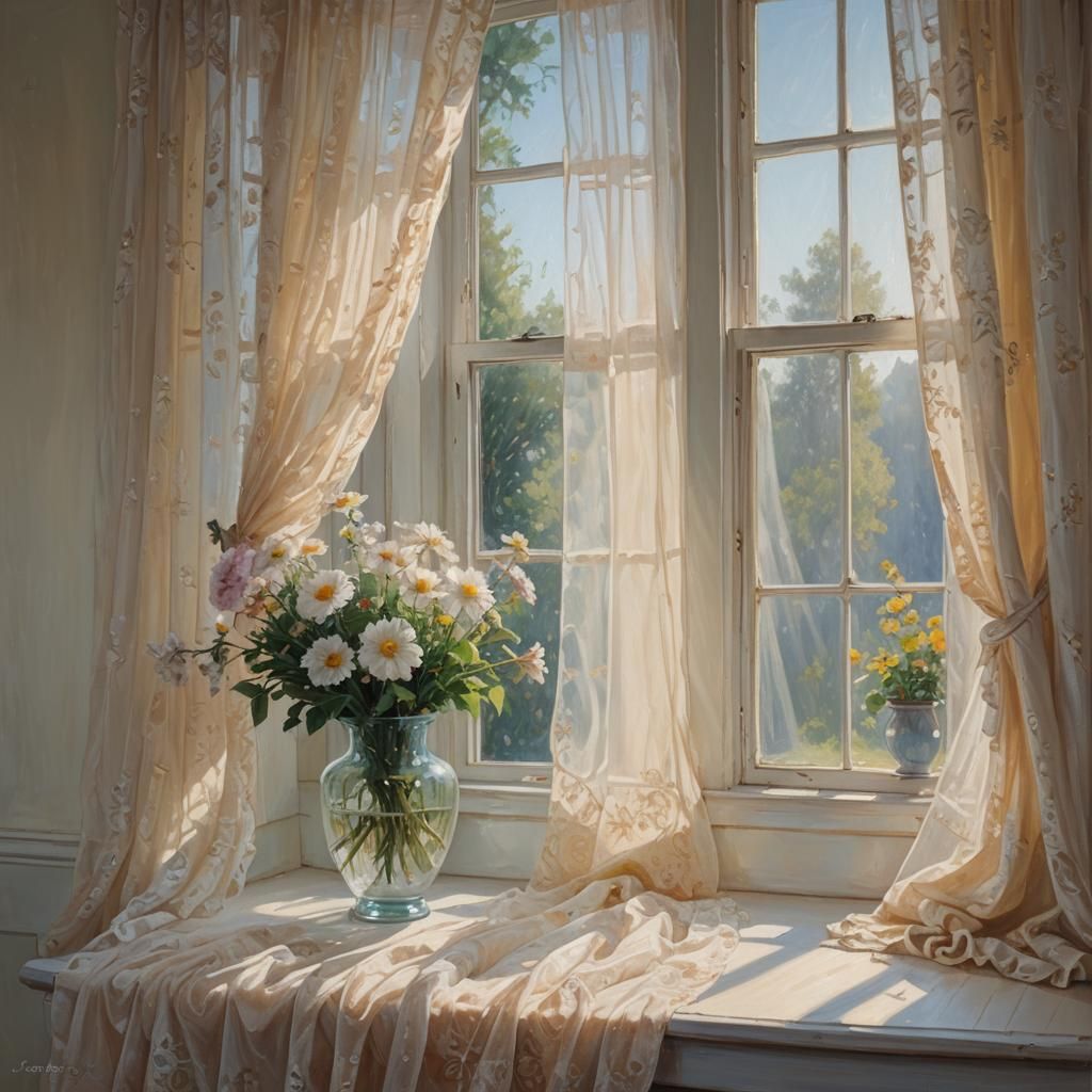 Sunlit Window with Flowers in Oil Painting Style