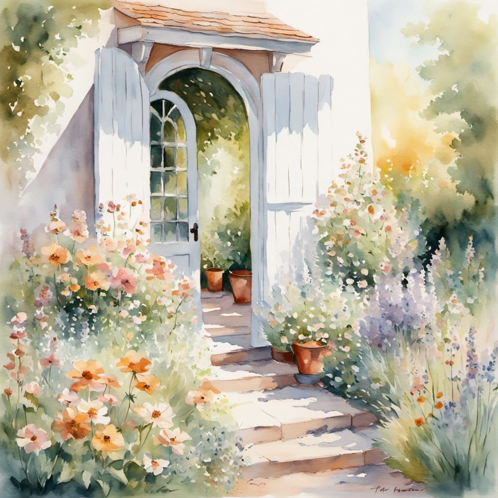 Watercolor Garden Scene in Impressionist Style