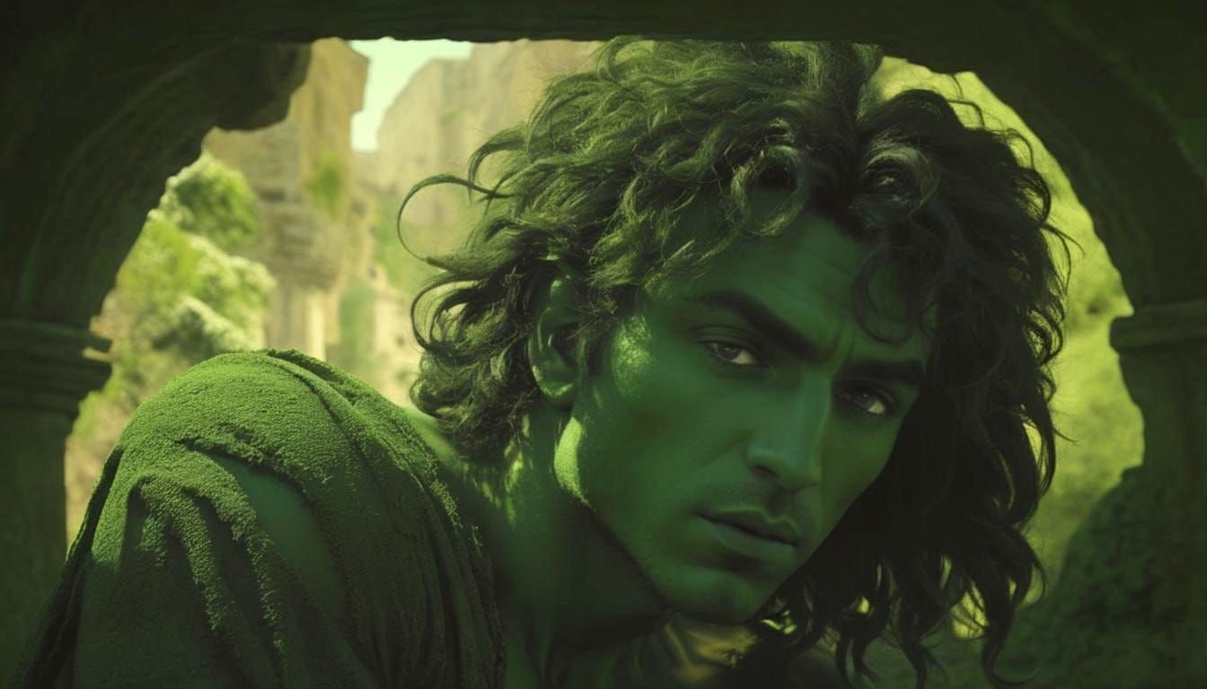 Verdant Monochromatic Man Gazing at Ancient City