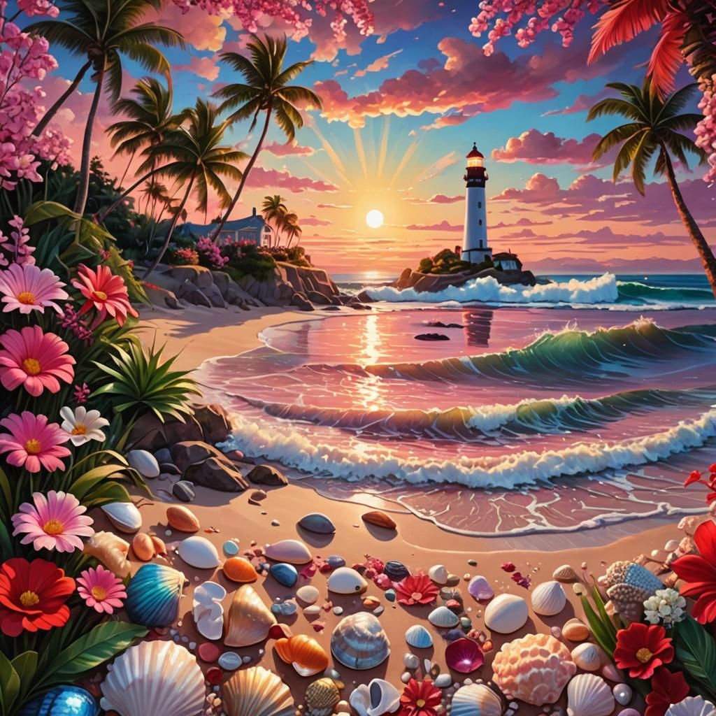 Hyperrealistic Sunset Beach with Lighthouse and Flowers