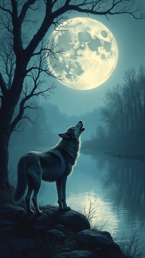 Dreamlike Moonlit Landscape with Wolf and Dog