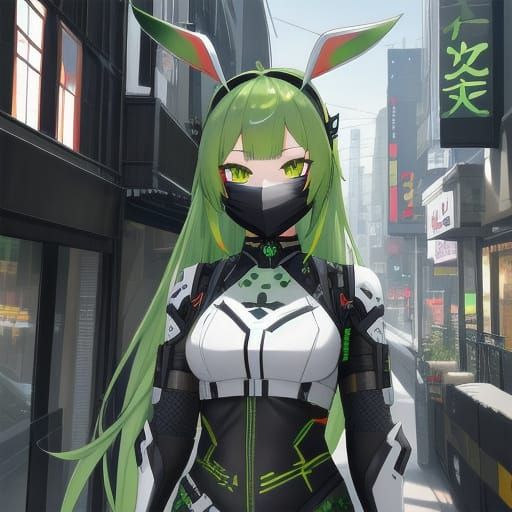 Cyborg Ninja Girl with Oni Mask in Anime Style