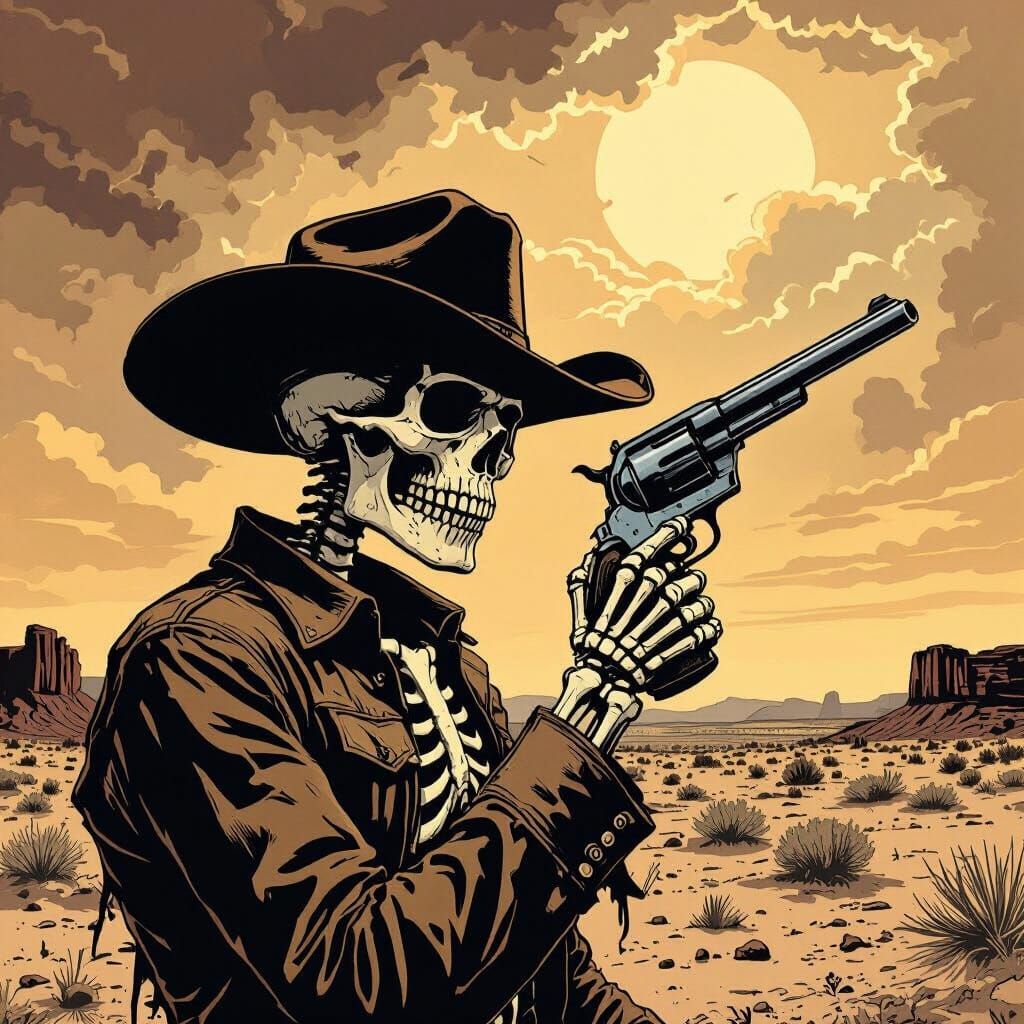 Skeleton Cowboy in Dusty Western Landscape