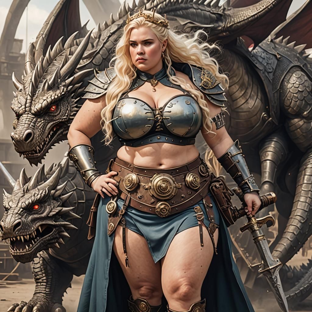 Fantasy Warrior Queen with Dragon in Steampunk Style