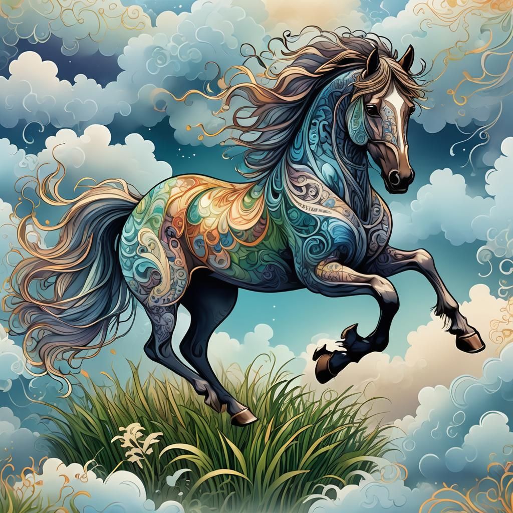 Abstract Fractal Horse Prancing on Ethereal Clouds