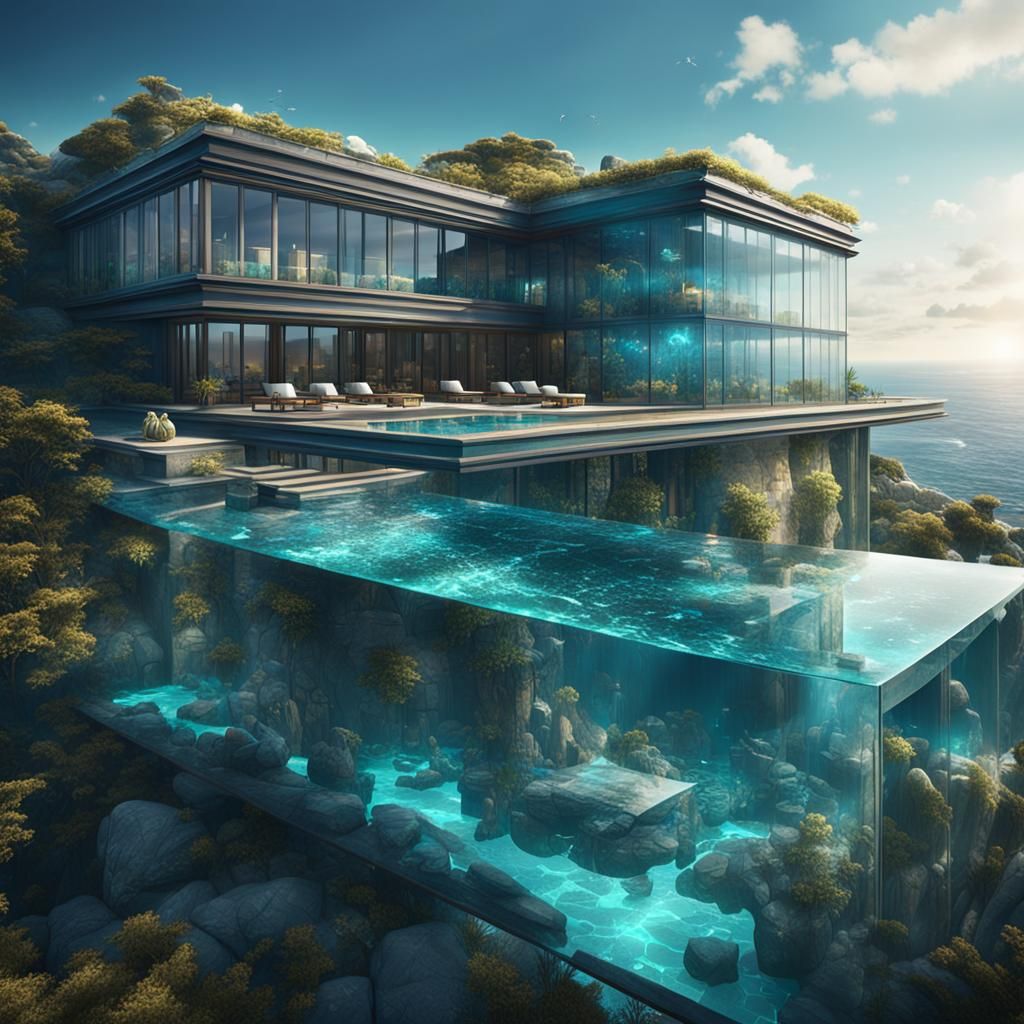 Glass Mansion Overlooking the Sea: Fantasy Concept Art