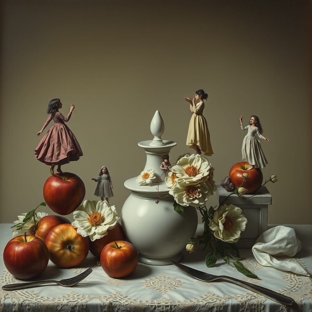 Surreal Still Life with Miniature People, Renaissance Style