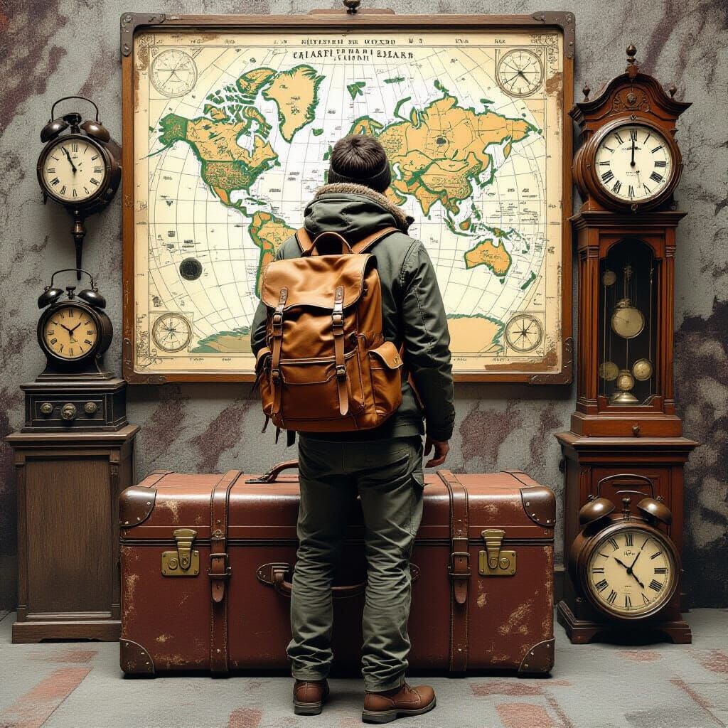 Backpacker with Suitcase in Retrofuturistic Style