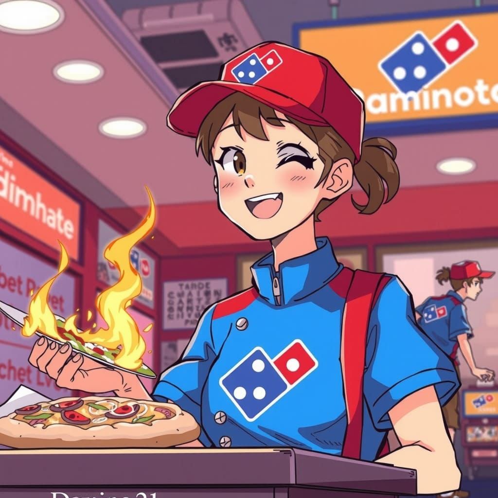 Anime Pizza Delivery in a Vibrant City Street