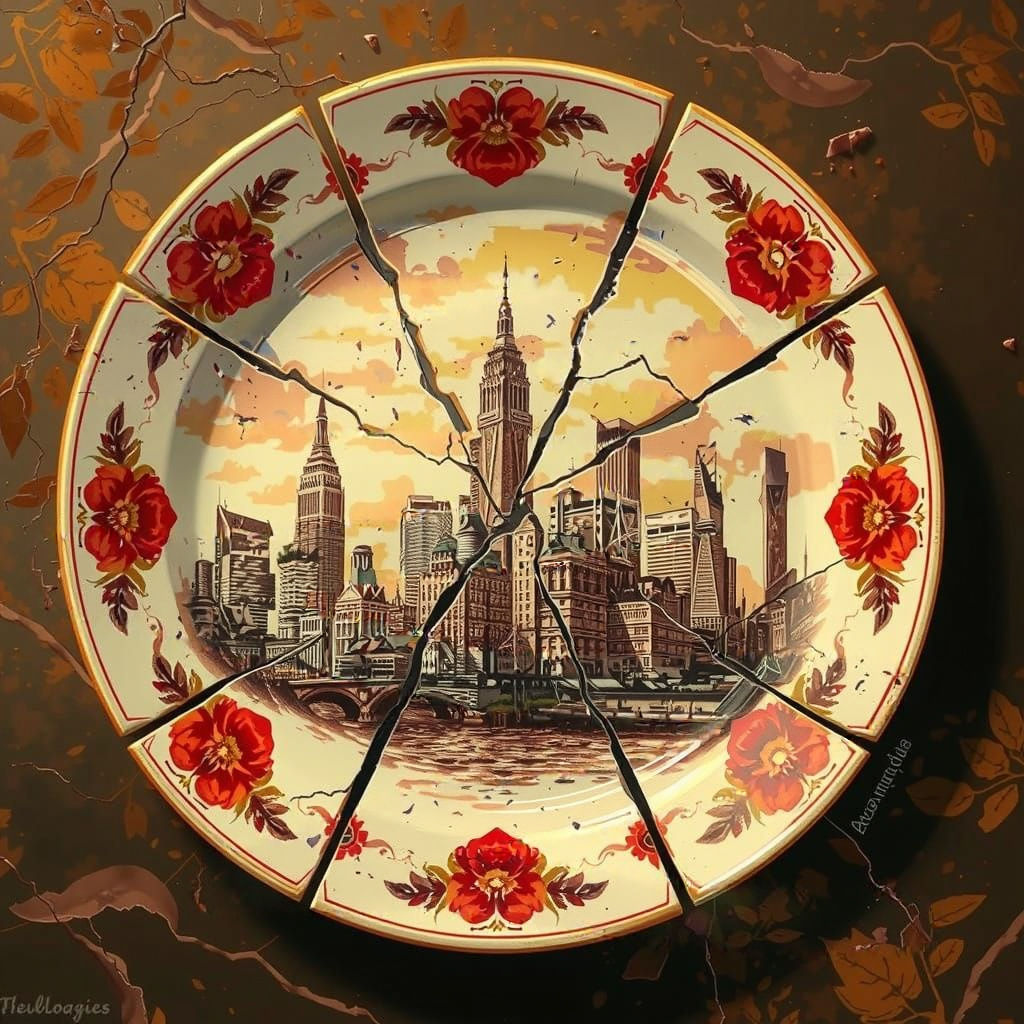 Sepia Cityscapes on Shattered Plate in Vintage Engraving Sty...