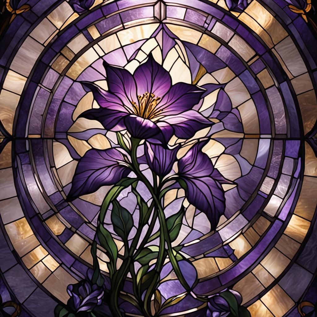 Moonlit Purple Flower in Stained Glass Style
