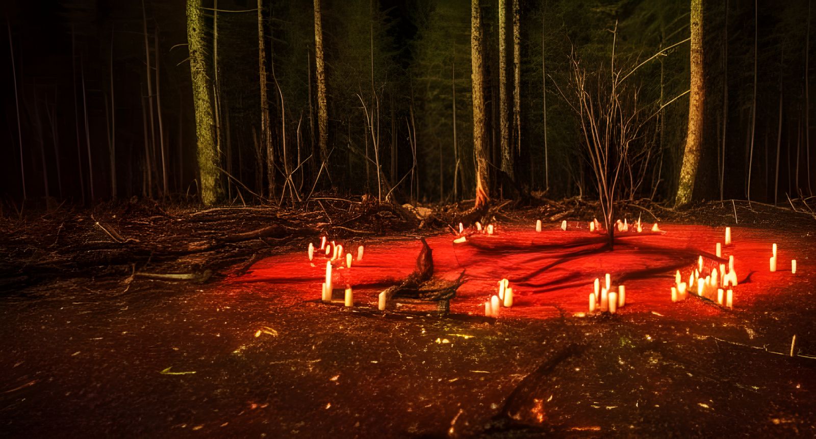 Eerie Satanic Ritual in Dark Forest at Night