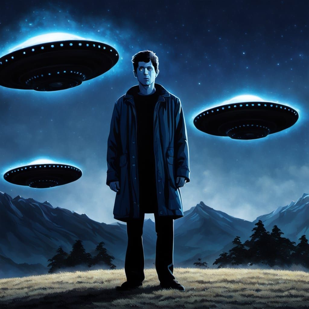 Donnie Darko Standing Beside Majestic Blue UFOs