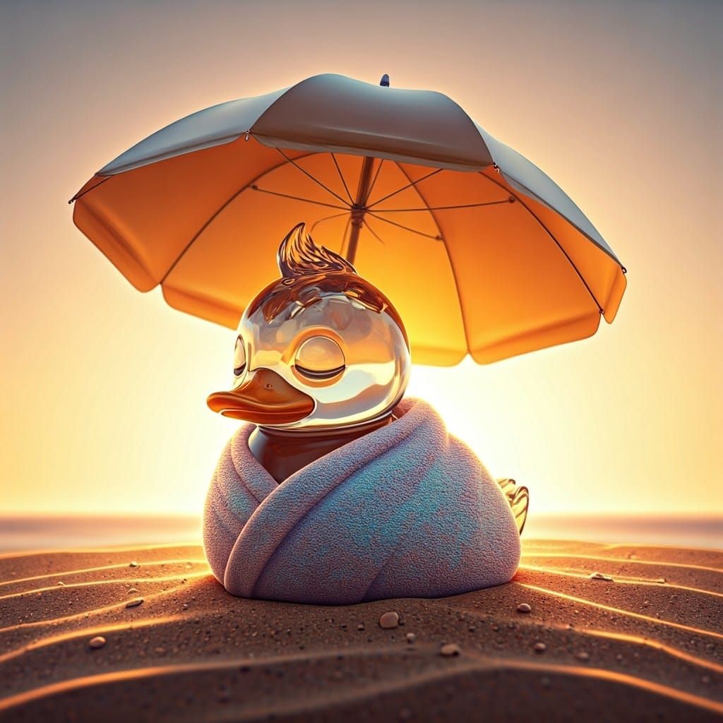 Sleeping Glass Duck on Sunny Beach: 3D Digital Art
