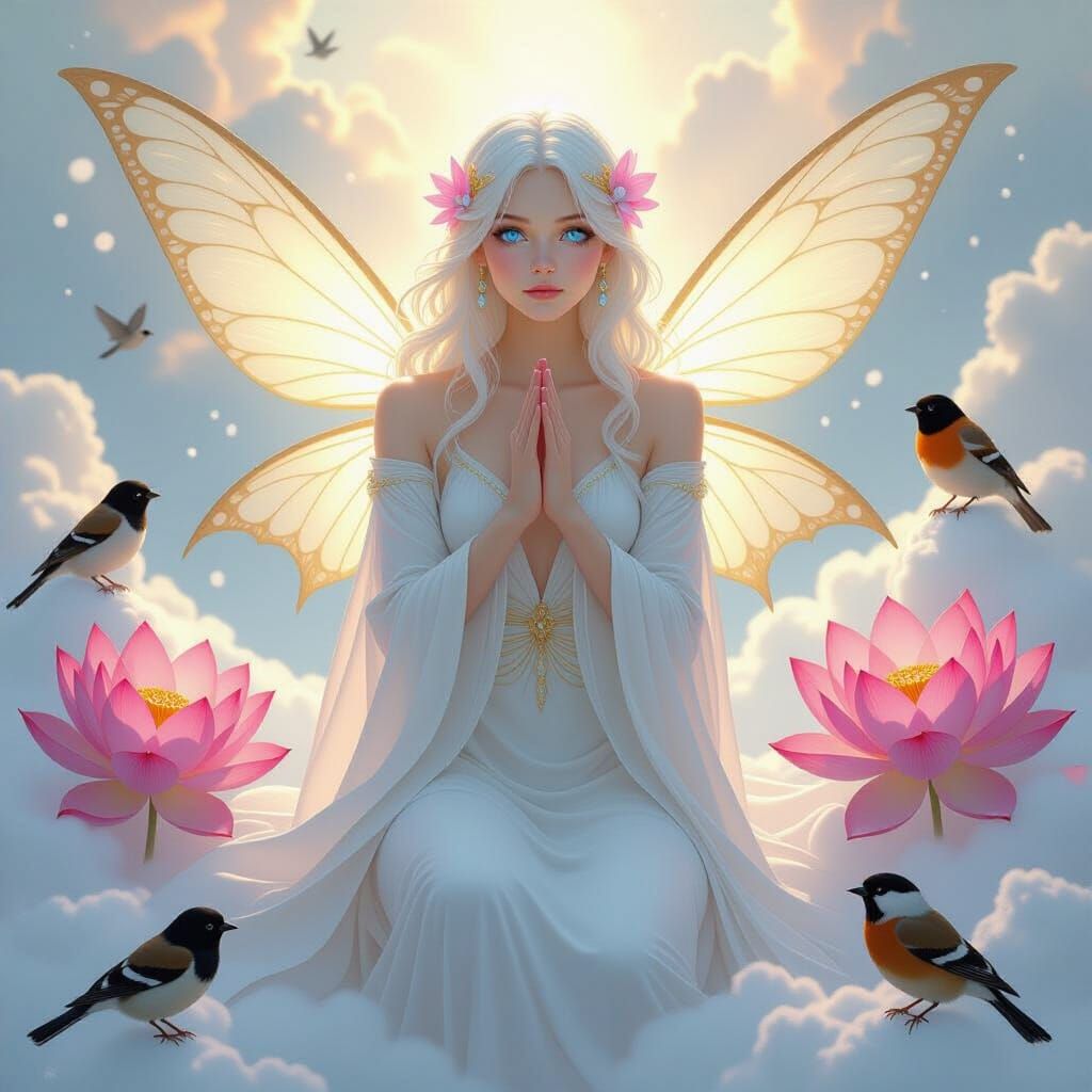 Ethereal Sun Fairy Surrounded by Lotus Flowers