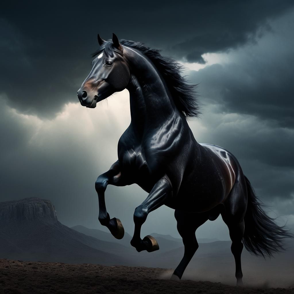 Black Stallion Rearing Up in Stormy Lighting