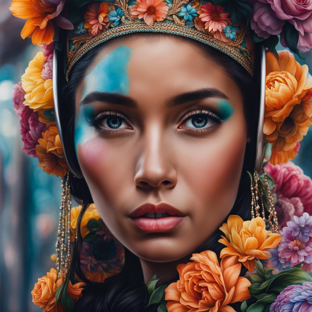 Hyperrealistic Portrait of Woman with Floral Adornments