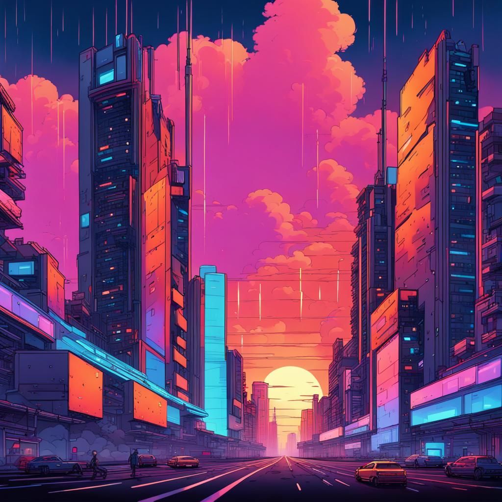 Neon Cityscape in Retrowave Comic Style