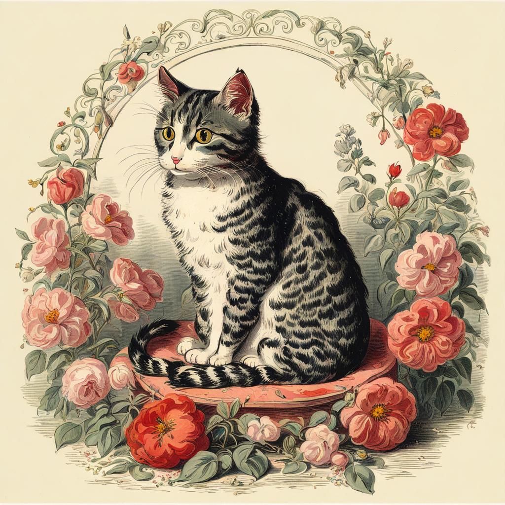 Charming Cat Caricature with Flowers and Hearts
