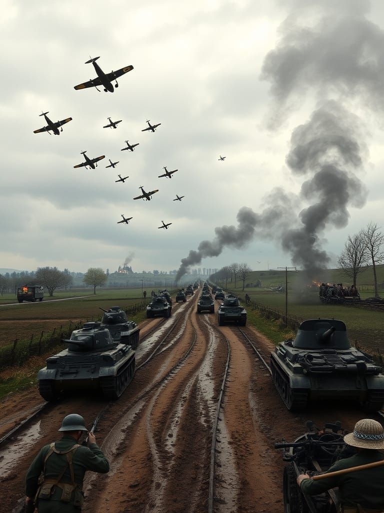 War-Torn Battlefield in a Gray Skied Storm, German Tanks Adv...