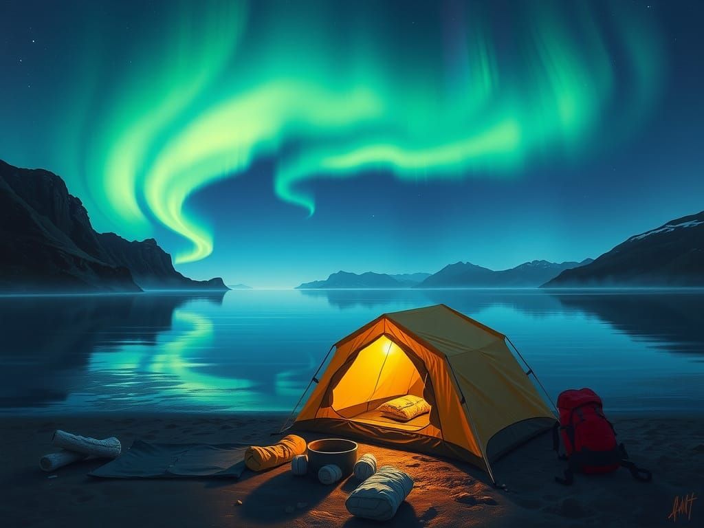 Camping Under Neon Aurora Borealis as Oil Painting