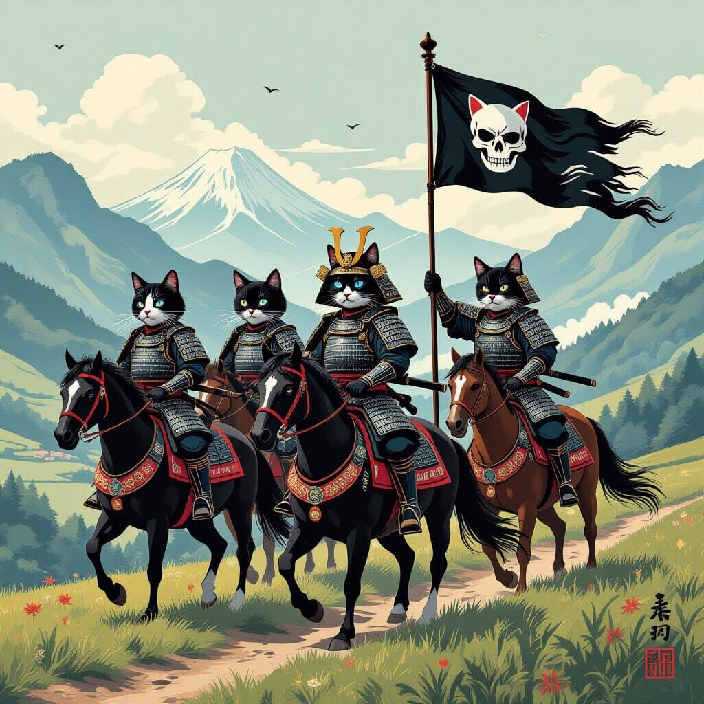 Samurai Cats Riding Horses in Ukiyo-e Style