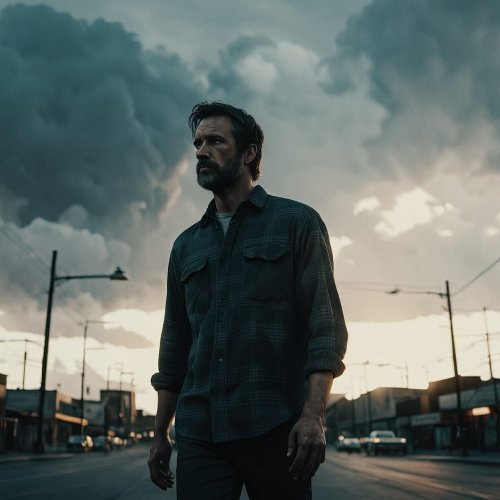 Cinematic Film Still: Young Man on City Sidewalk