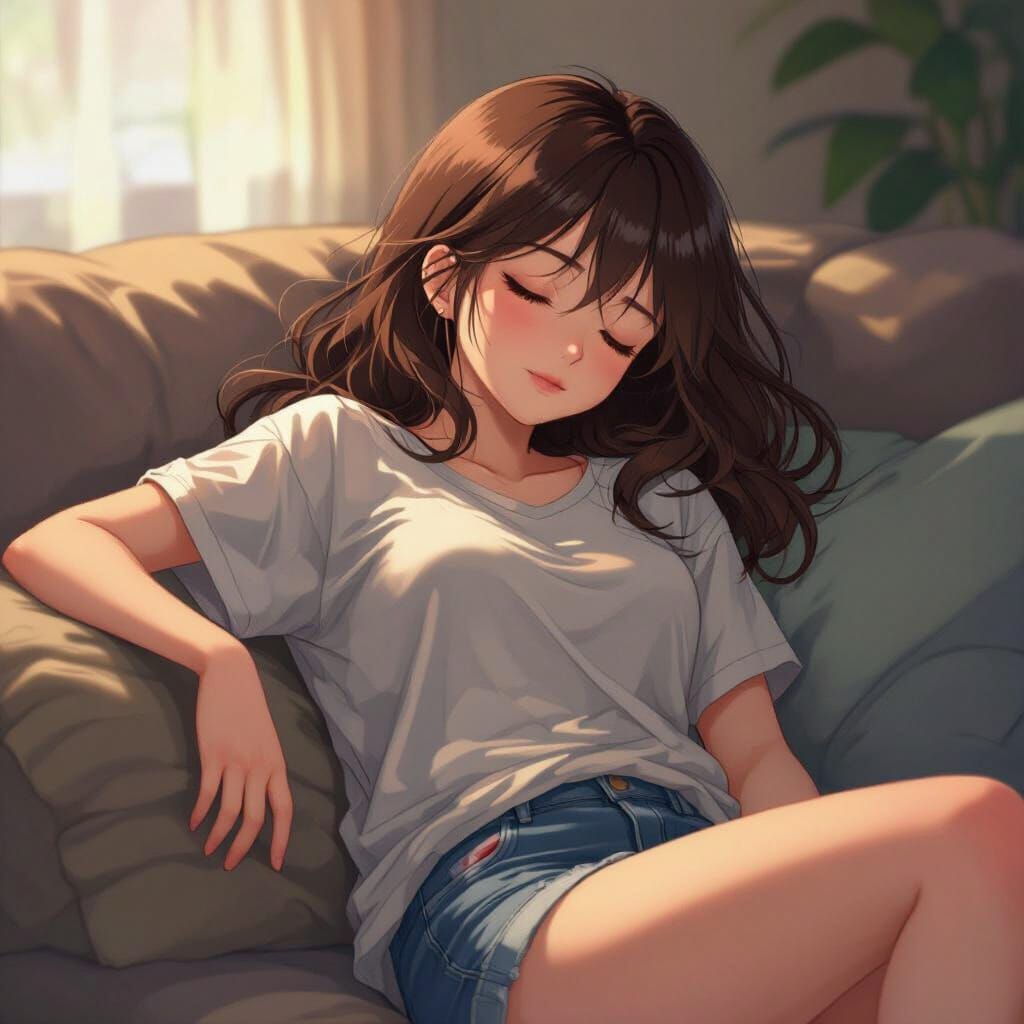 Anime Girl Sleeping on Couch in Manga Style