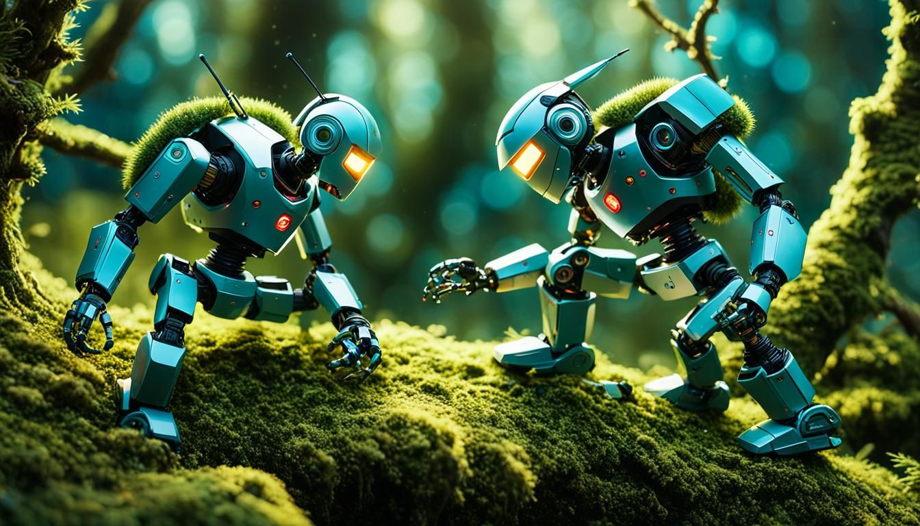 Robots Sparring on Mossy Branch in Maximalist Style