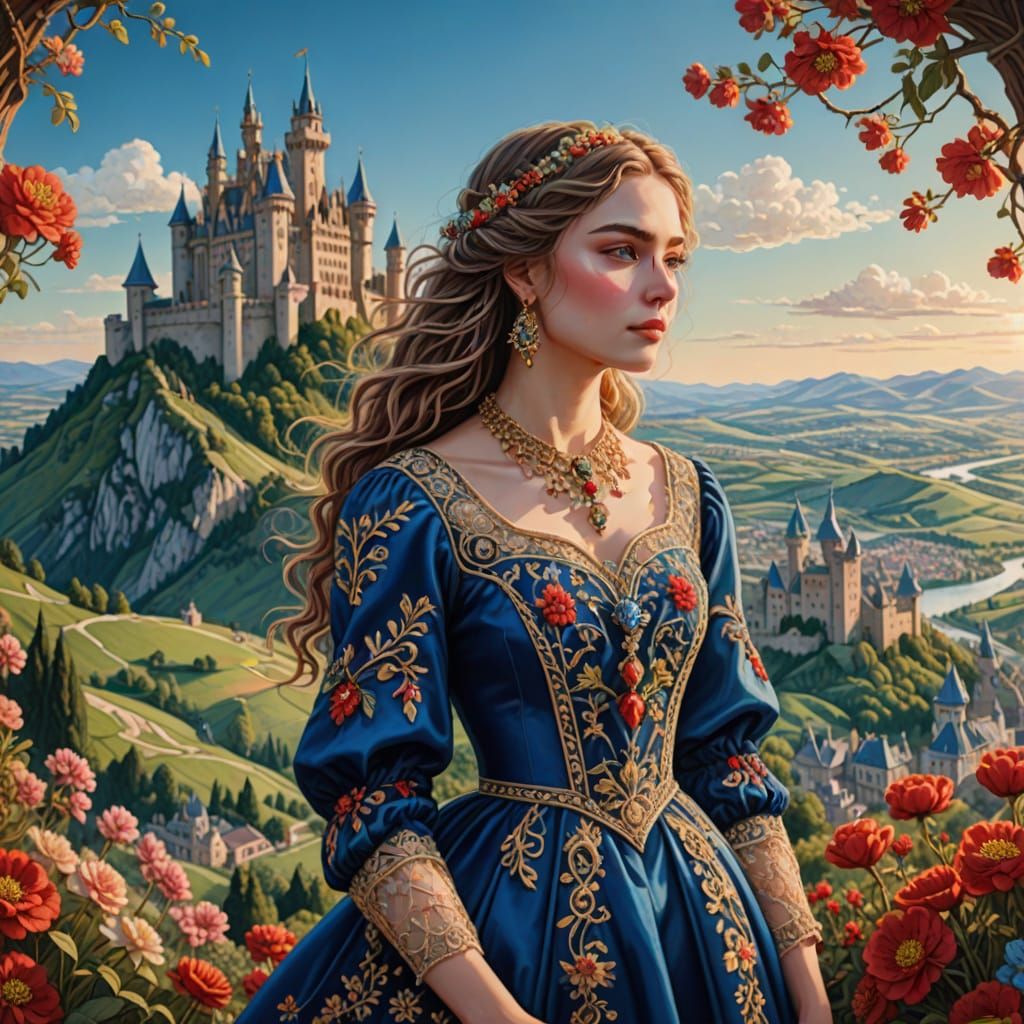 Young Woman in Embroidered Gown in Fantasy Landscape