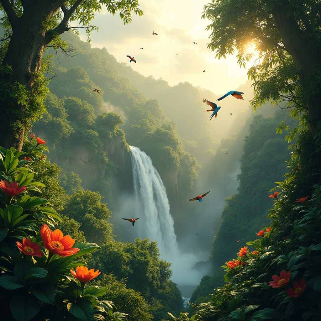 Vibrant Brazilian Rainforest Scene in Hyperrealistic Style