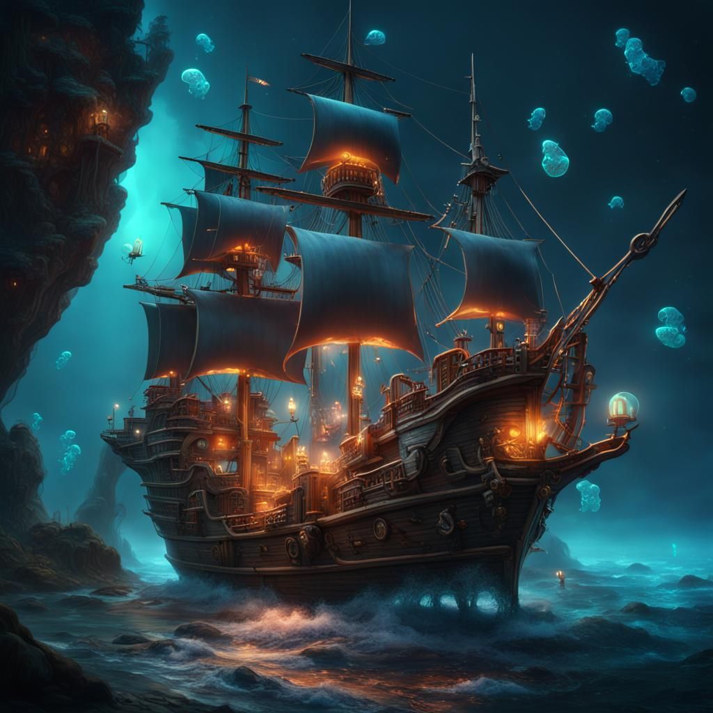 Bioluminescent Jellyfish and Pirate Ship Fantasy Art