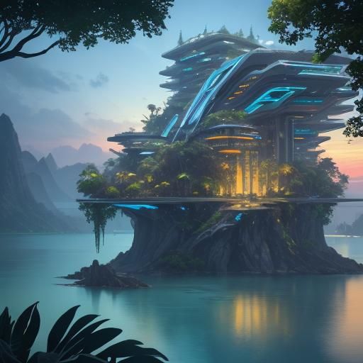 Utopian Eco Skyscraper on Island, in Fantasy Concept Art Sty...
