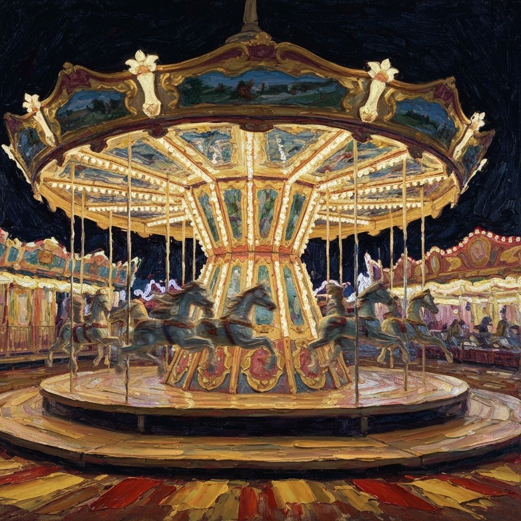 Heavy impasto carousel giving a sense of rapid movement, bac...