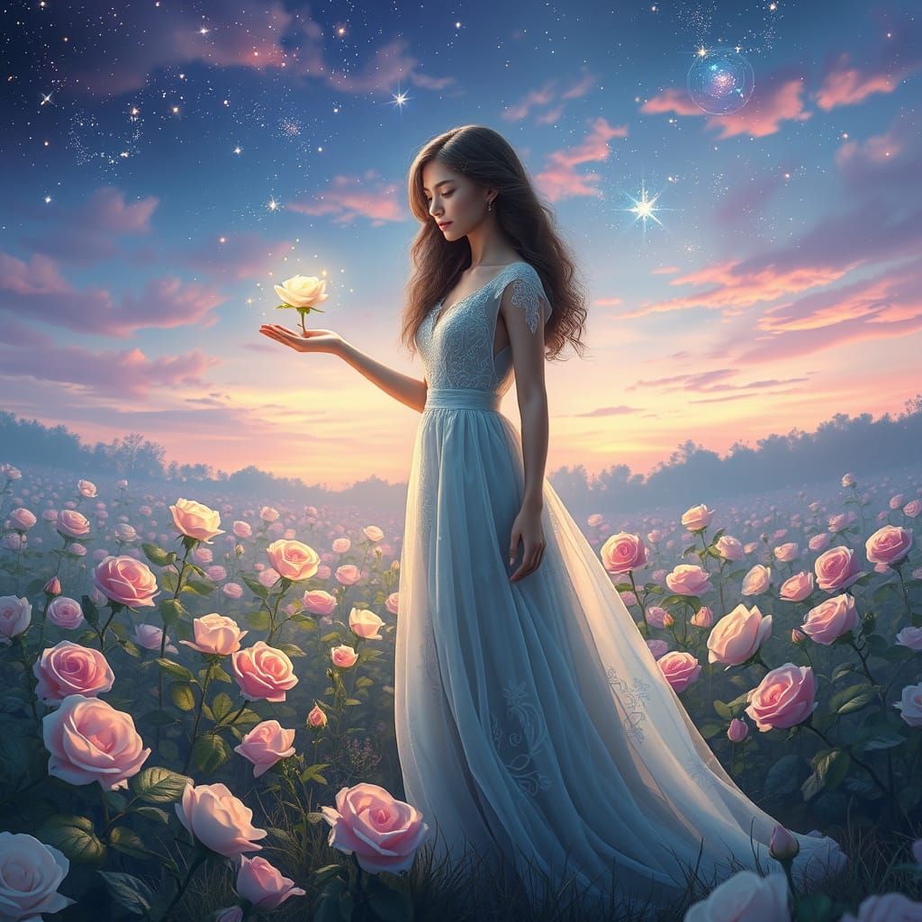 Dreamlike Rose Maiden in Luminous Meadow